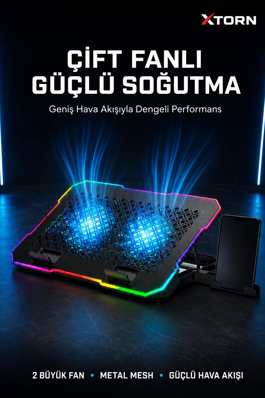 Mavi ışıklı ve çift fanlı, akıllı telefon standına sahip laptop soğutucusu.
