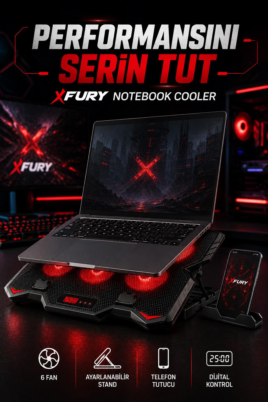 Kırmızı LED fanlı, üzerinde laptop ve telefona sahip X-Fury notebook soğutucusu, metin ve simgelerle.