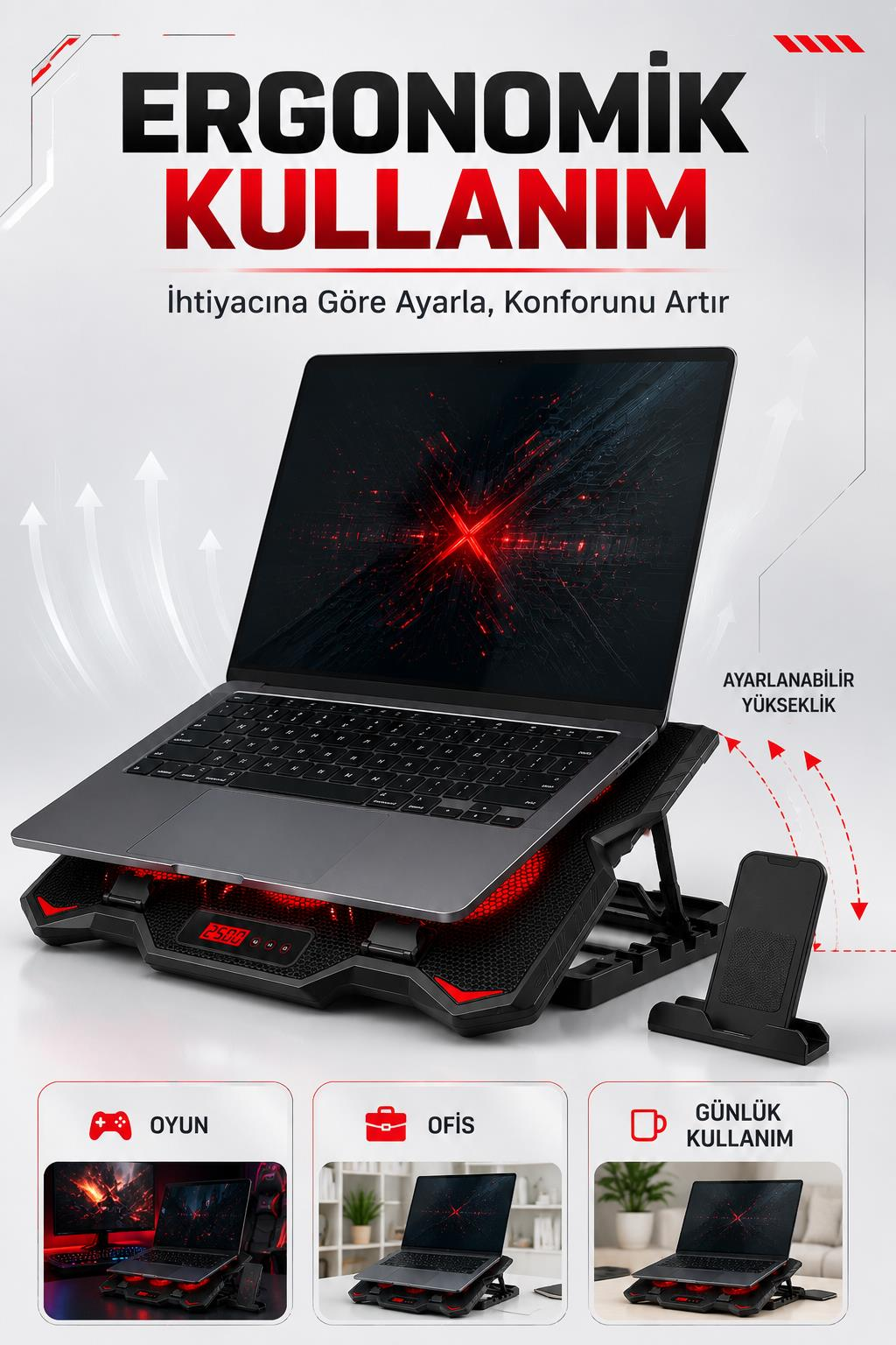 Kırmızı ışıklı ayarlanabilir siyah stant üzerinde gri dizüstü bilgisayar, yanında telefon tutucu.