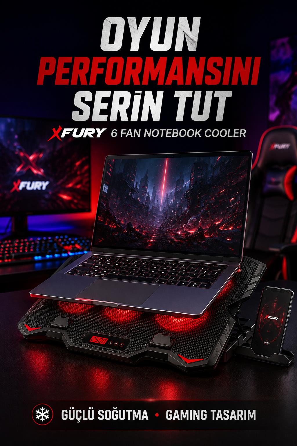 Kırmızı LED'li siyah XFURY 6 fanlı notebook soğutucusu üzerinde bir dizüstü bilgisayar.