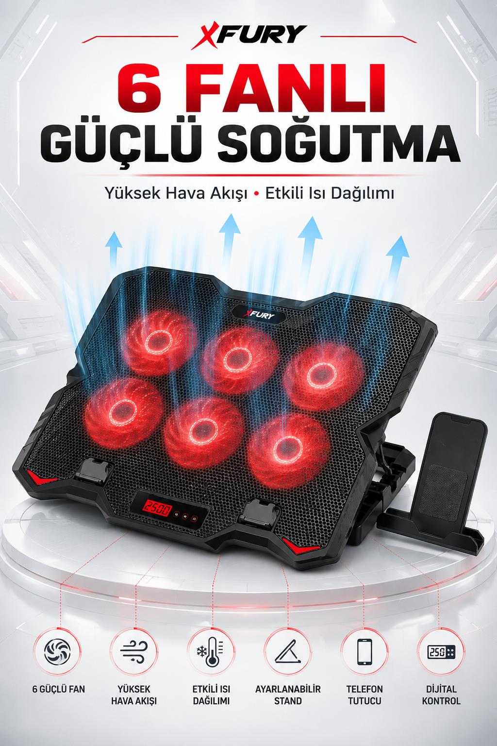 Altı kırmızı yanan fanlı ve telefon tutuculu siyah laptop soğutucu.