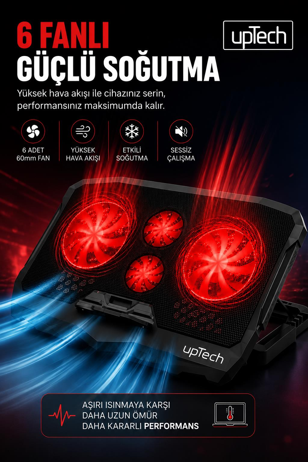 Kırmızı ışıklı fanlara ve soğutma hava akışı efektlerine sahip Uptech laptop soğutucu.