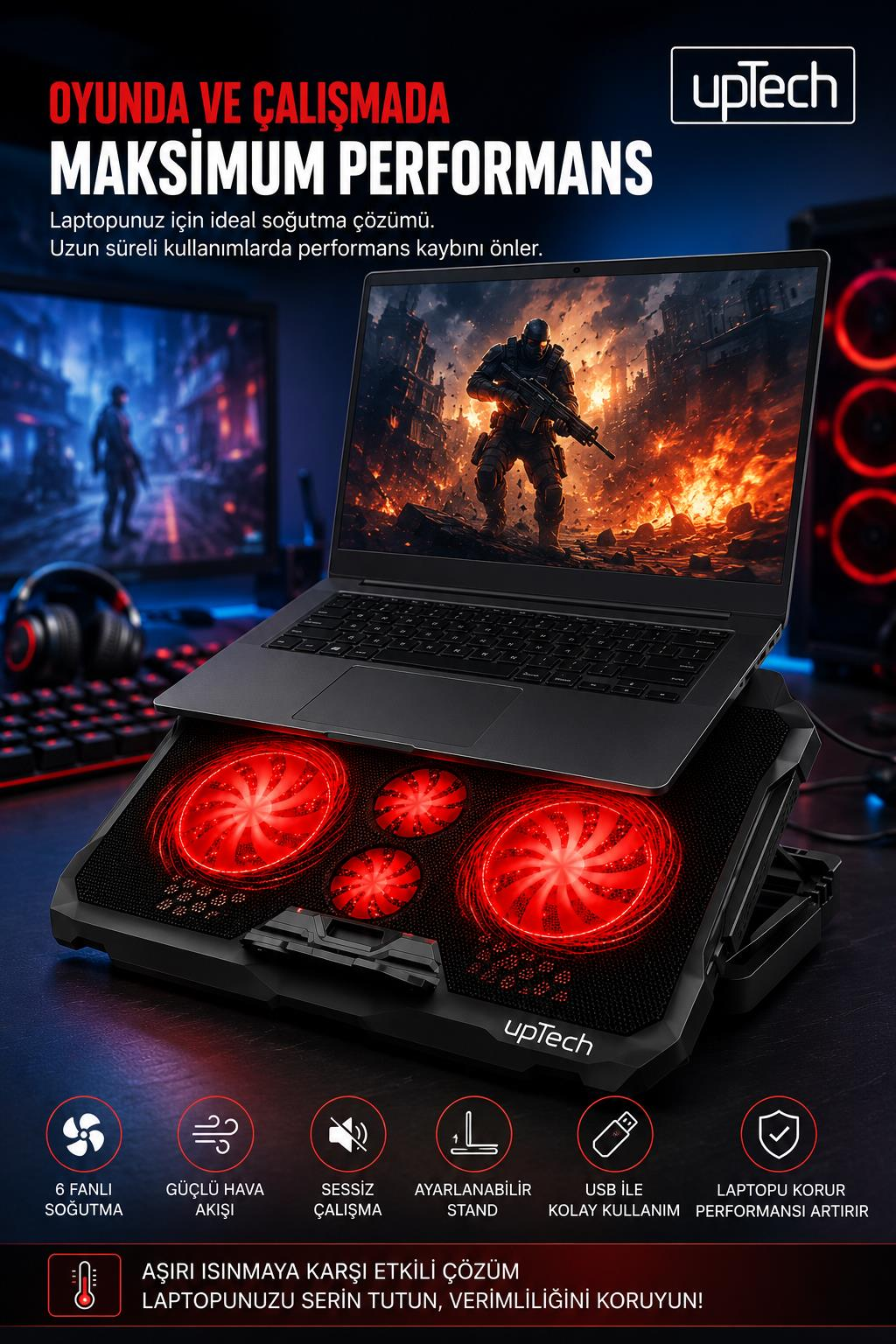 Kırmızı yanan fanları olan soğutucu üzerinde bir laptop ve altında tanıtım yazıları.