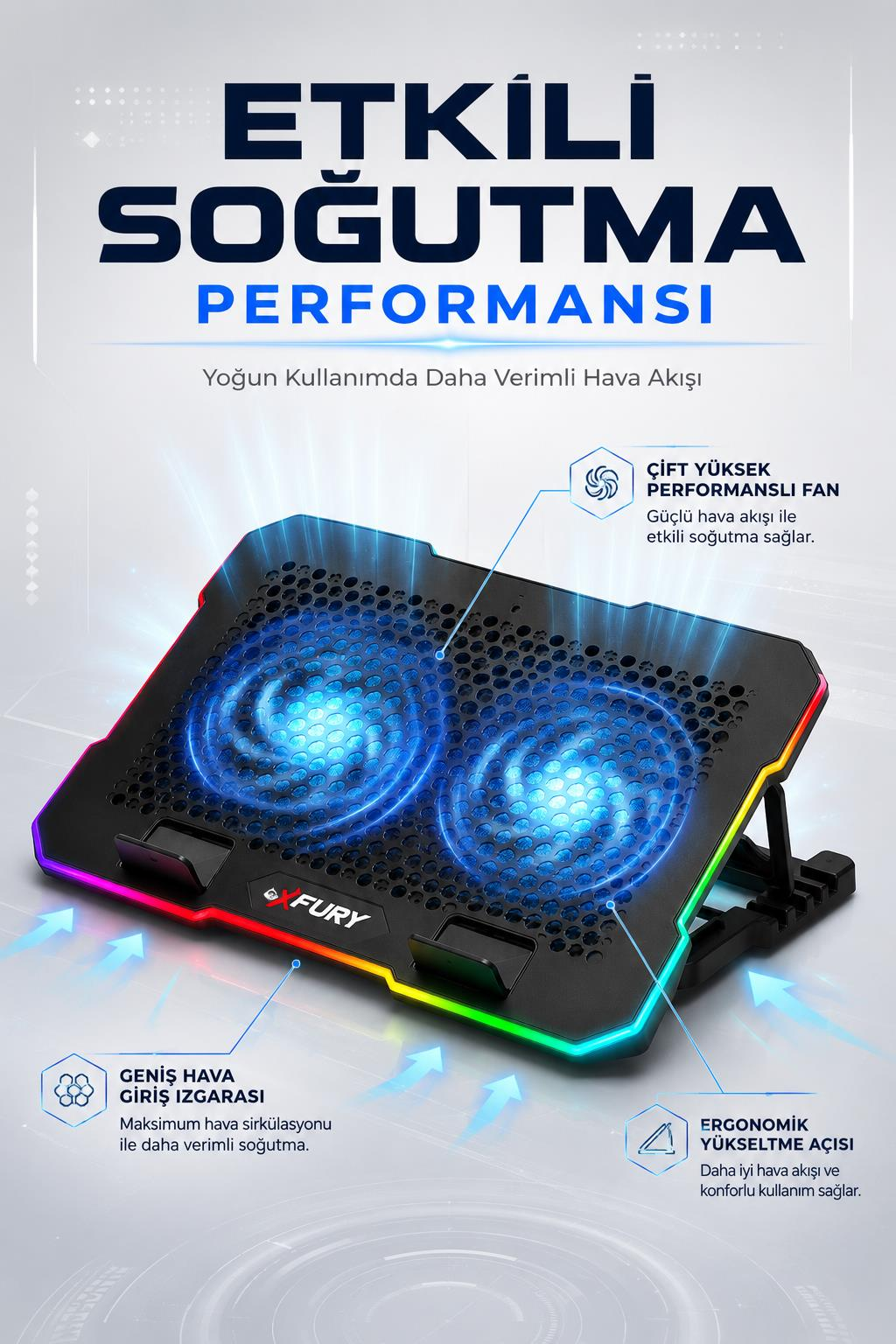 Mavi aydınlatmalı çift fanlı, RGB ışıklı ve ergonomik standlı siyah laptop soğutucu.