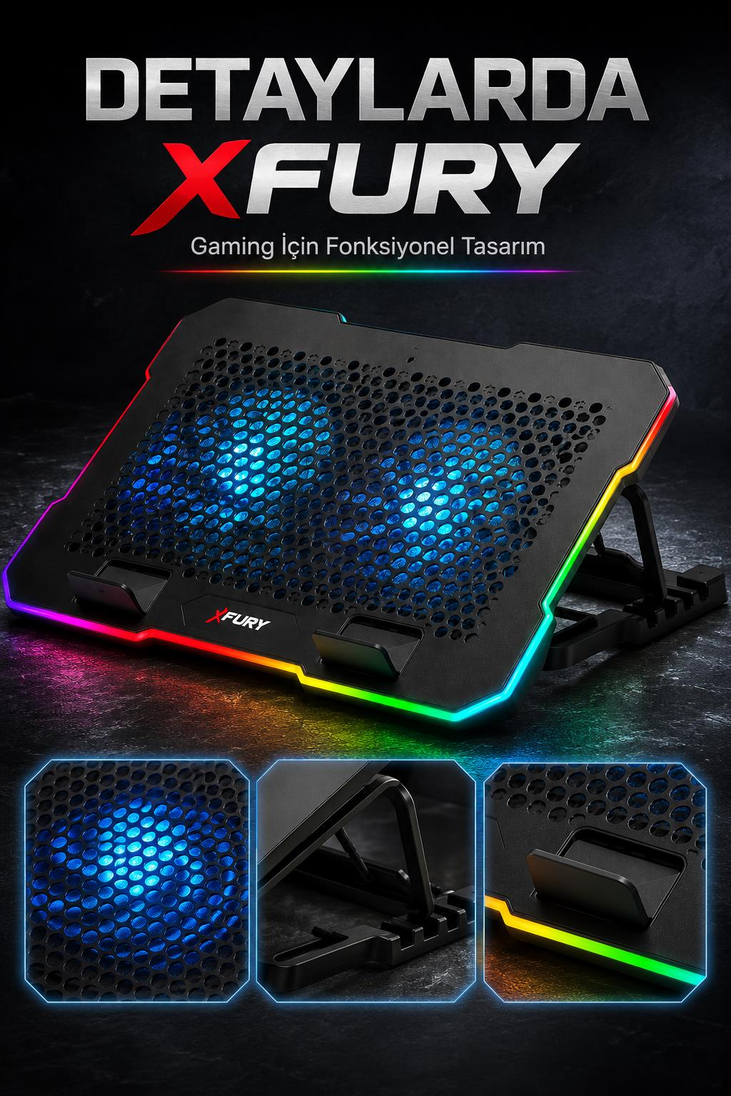 Mavi aydınlatmalı fanları ve RGB kenarlığı olan siyah bir oyuncu laptop soğutucusu.