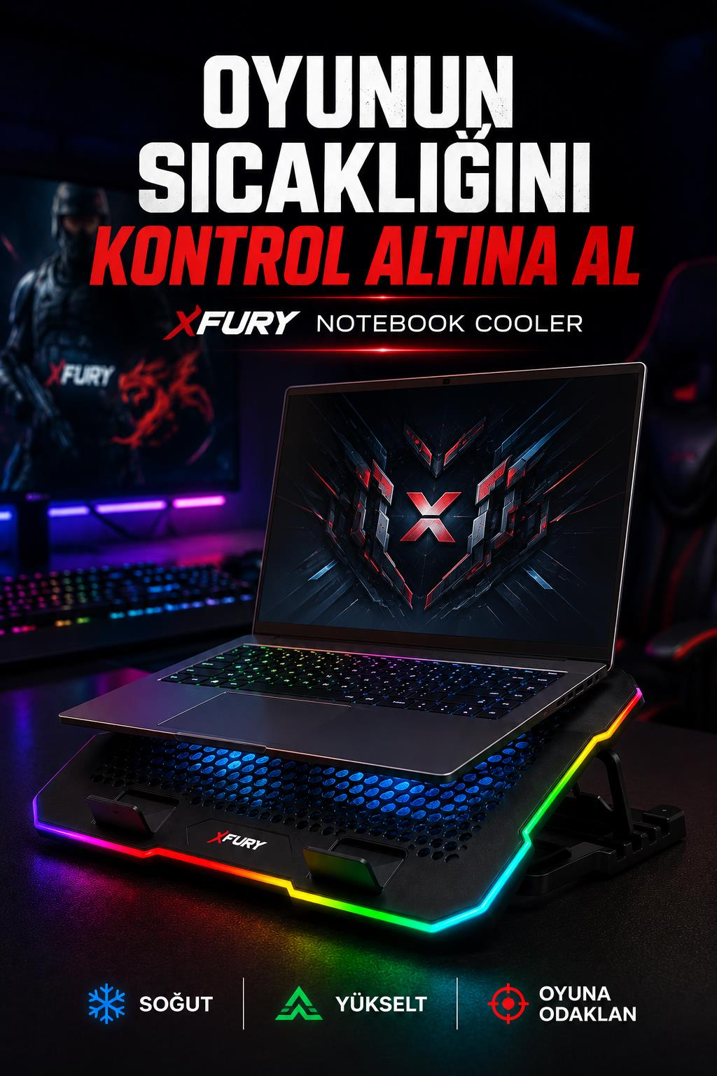 Masa üzerinde RGB aydınlatmalı X-Fury notebook soğutucu üzerinde duran bir dizüstü bilgisayar.