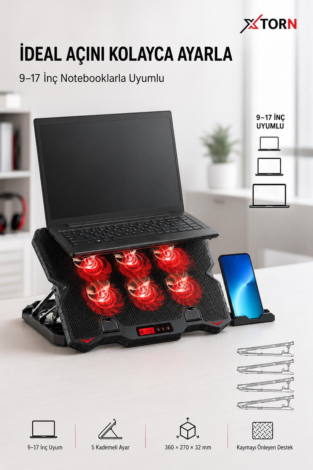 Altı kırmızı ışıklı fana sahip siyah laptop soğutucu stant masada duruyor.