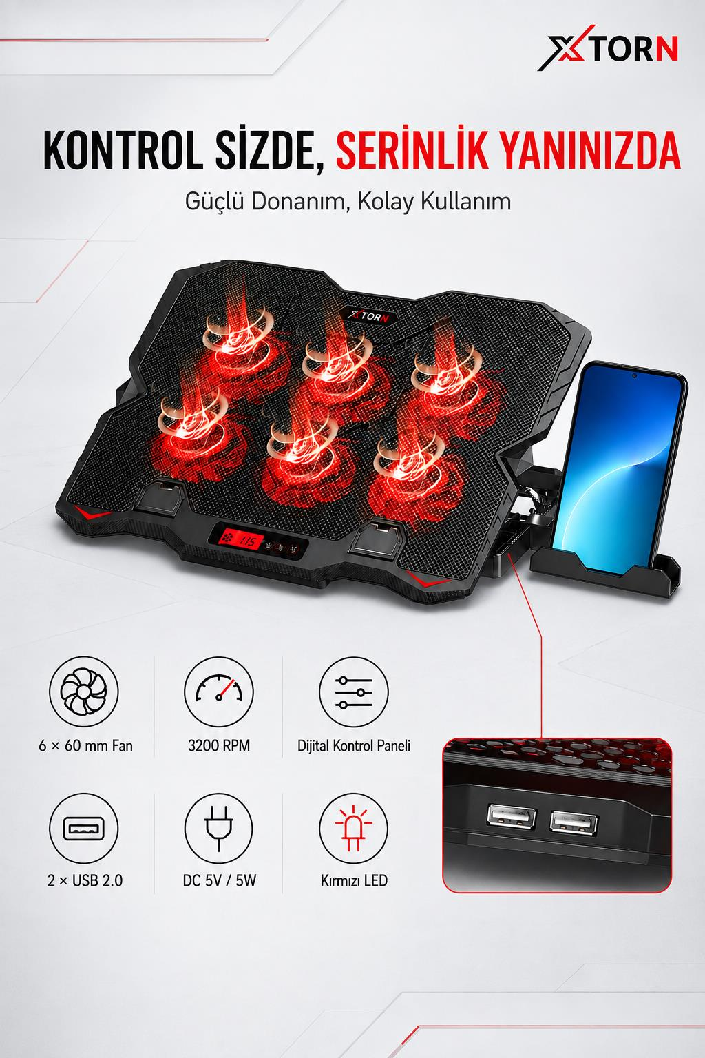 Altı kırmızı ışıklı fanlı, telefon standlı ve özellik simgeli siyah laptop soğutucu.