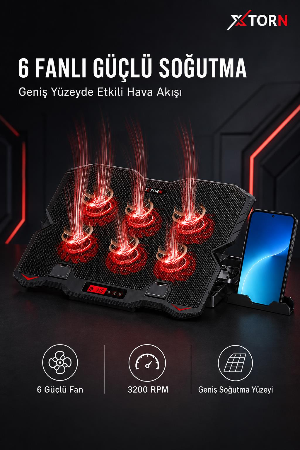 Altı kırmızı ışıklı fanı ve telefon standı olan siyah bir laptop soğutucu.