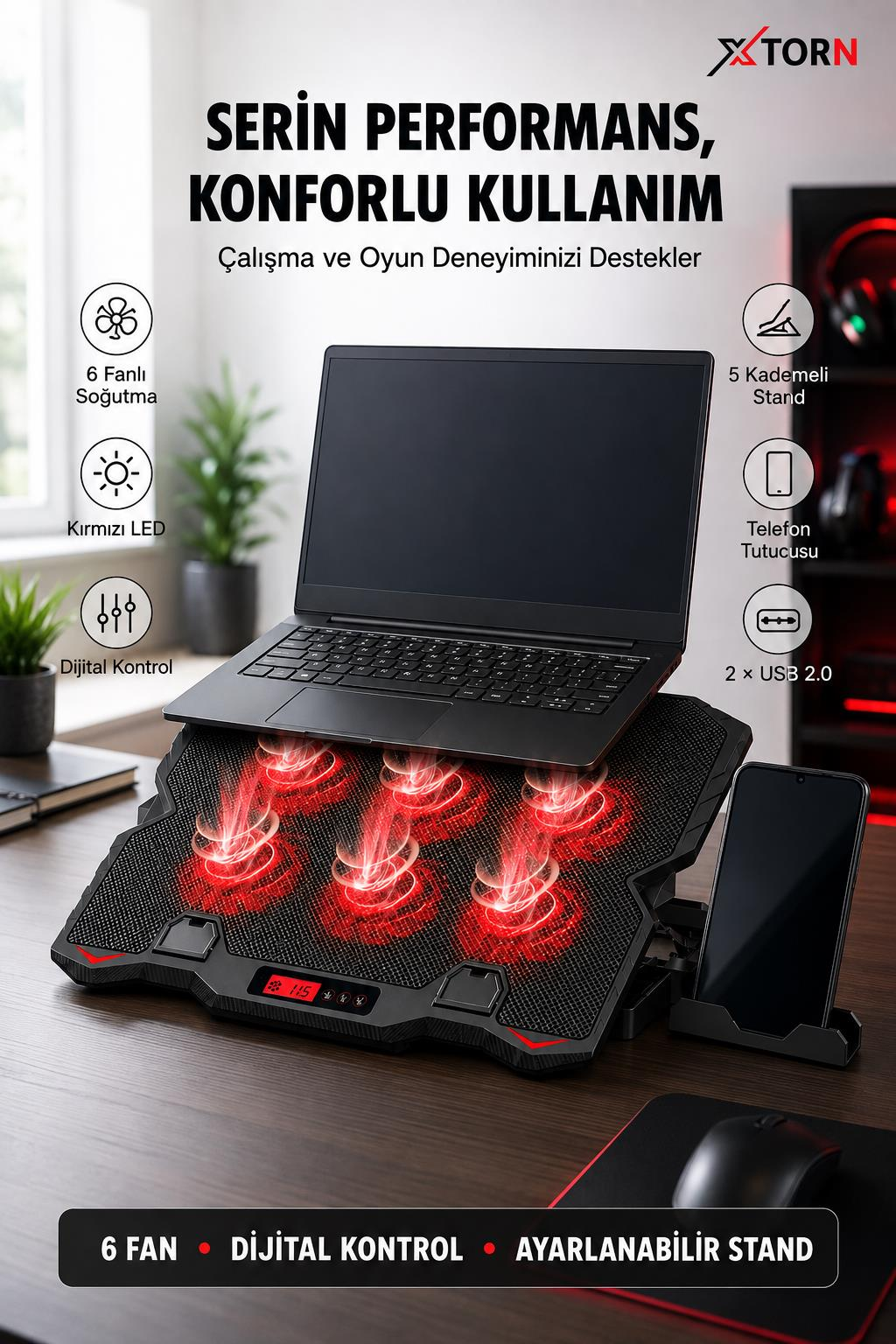 Ahşap masada altı adet kırmızı ışıklı fana sahip siyah RGB soğutucu stand üzerinde laptop.