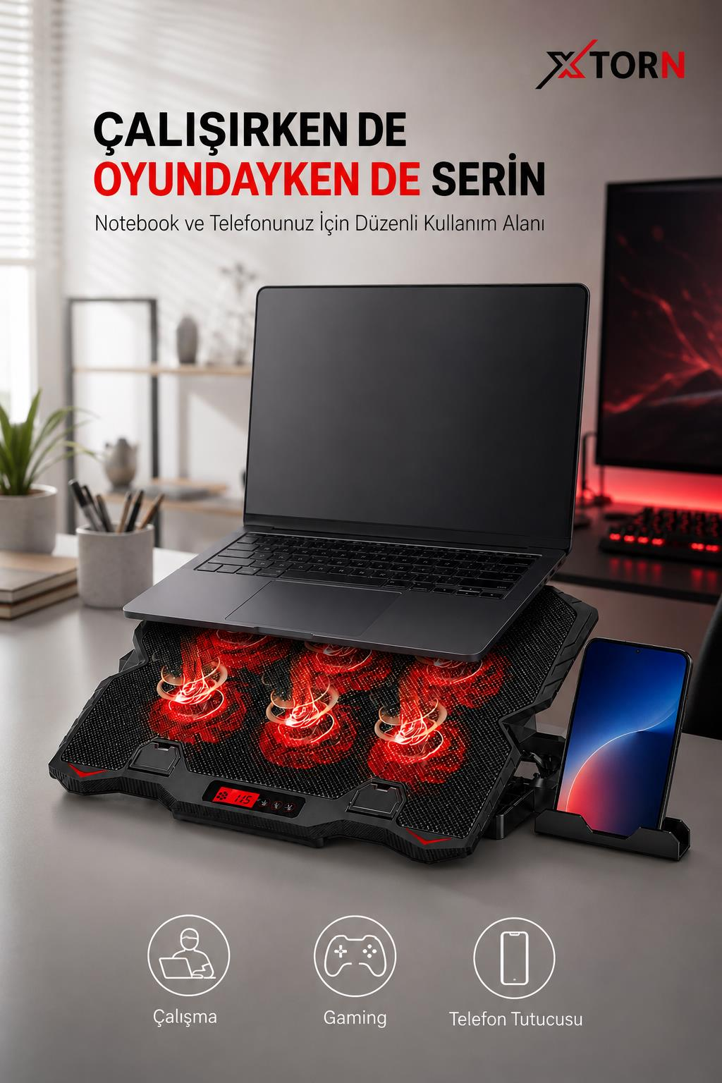 Kırmızı ışıklı soğutucu stand üzerinde dizüstü bilgisayar ve yan duran akıllı telefon.