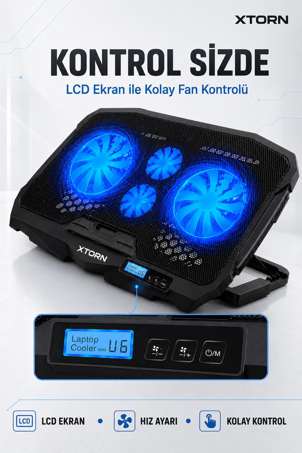 Mavi aydınlatmalı dört fanlı ve LCD ekranlı siyah laptop soğutucu.