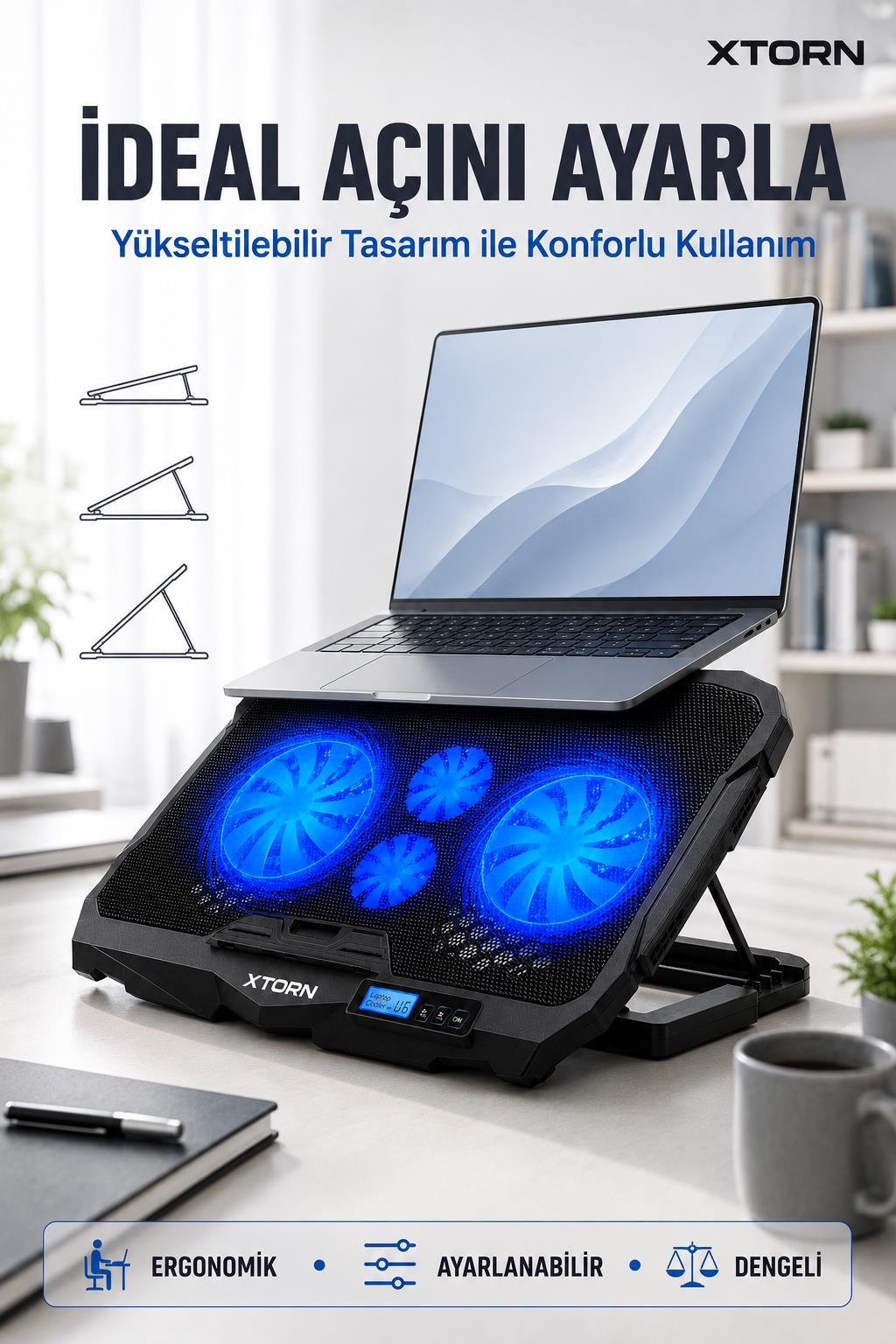 Mavi LED fanlı, ayarlanabilir siyah soğutucu stant üzerinde duran bir dizüstü bilgisayar.