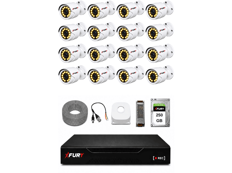 FURY Full HD 16 Kameralı Gece Renkli Görüş Su Geçirmez 250 GB HDD 2239 Güvenlik Kamerası Seti Beyaz