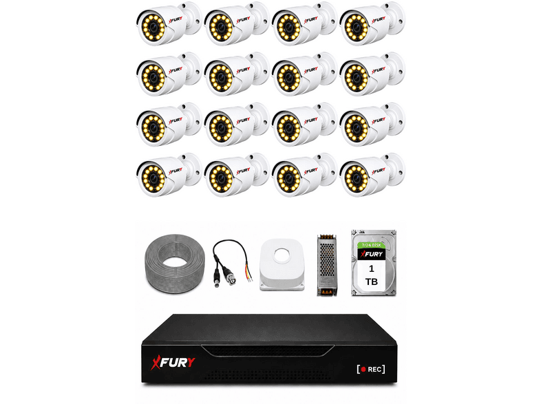 FURY Full HD 16 Kameralı Gece Renkli Görüş Su Geçirmez 1 TB HDD 2239 Güvenlik Kamerası Seti Beyaz