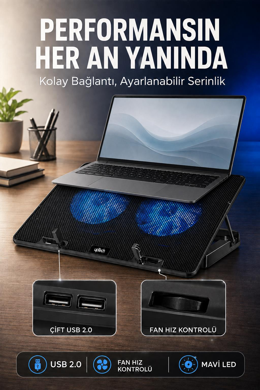Ahşap masada, mavi ışıklı iki fanı, USB portları ve hız ayar tekerleği olan siyah soğutucu stant üzerinde dizüstü bilgisayar.