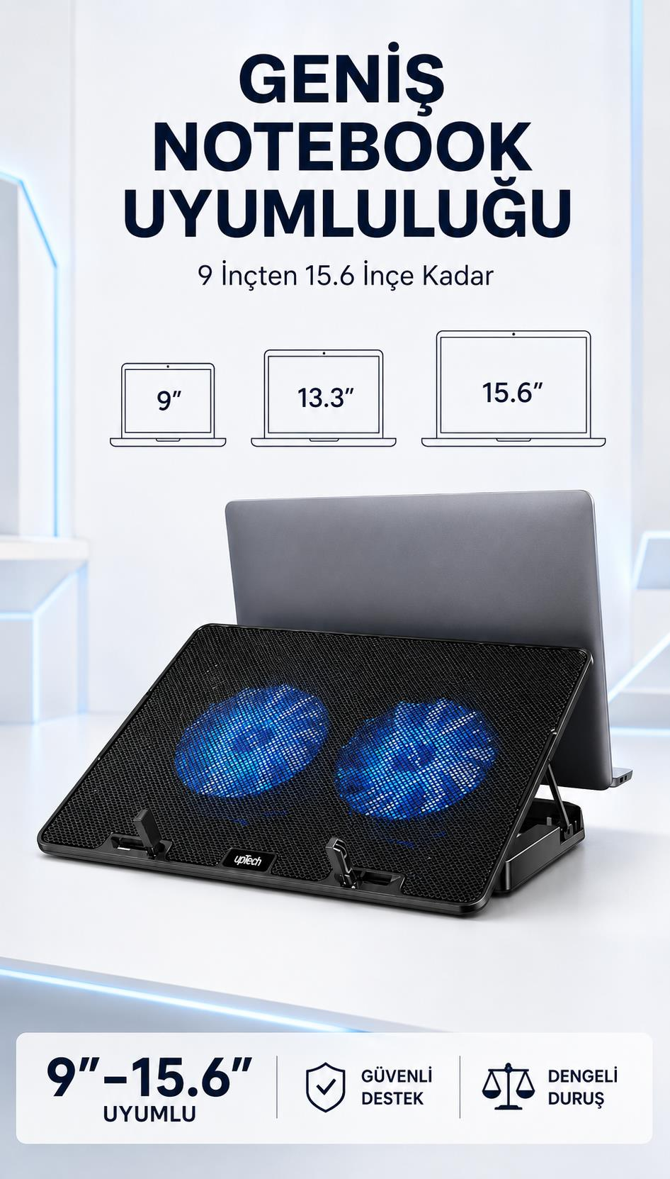 İki mavi LED fanlı ve üzerinde uyumluluk yazısı olan laptop soğutucu.