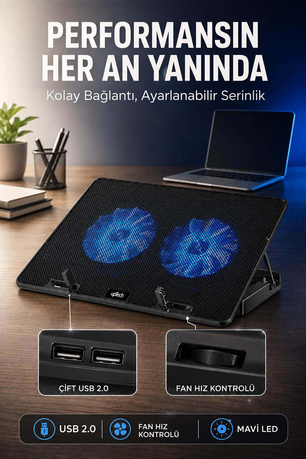 Ahşap masada mavi LED fanlı, USB portlu ve hız kontrolcülü siyah laptop soğutucu standı.