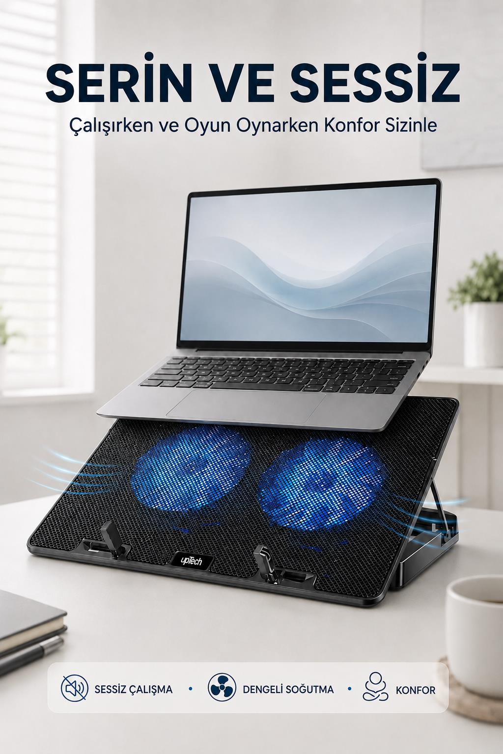 Masada, mavi LED fanlı siyah bir dizüstü bilgisayar soğutucusunun üzerinde duran bir laptop.