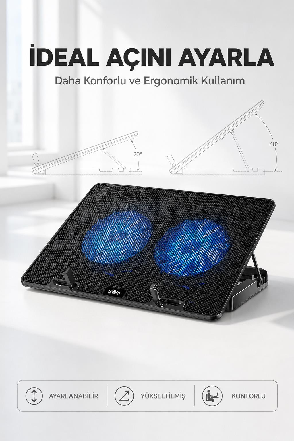 İki mavi yanan fan ı ve ayarlanabilir açı şemaları olan siyah laptop soğutucu.