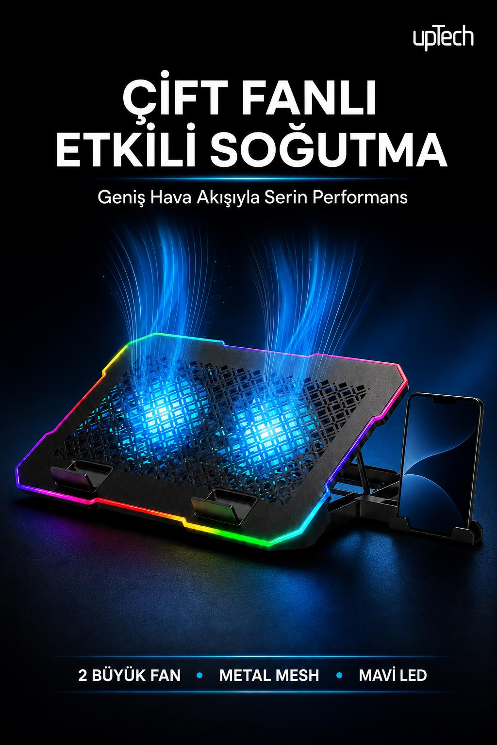 Çift fanlı, metal örgülü, RGB aydınlatmalı ve telefon standlı laptop soğutucusu.