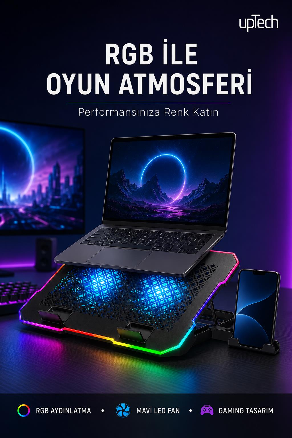 Karanlık bir masada, RGB aydınlatmalı soğutucu stand üzerinde dizüstü bilgisayar ve yanında akıllı telefon.