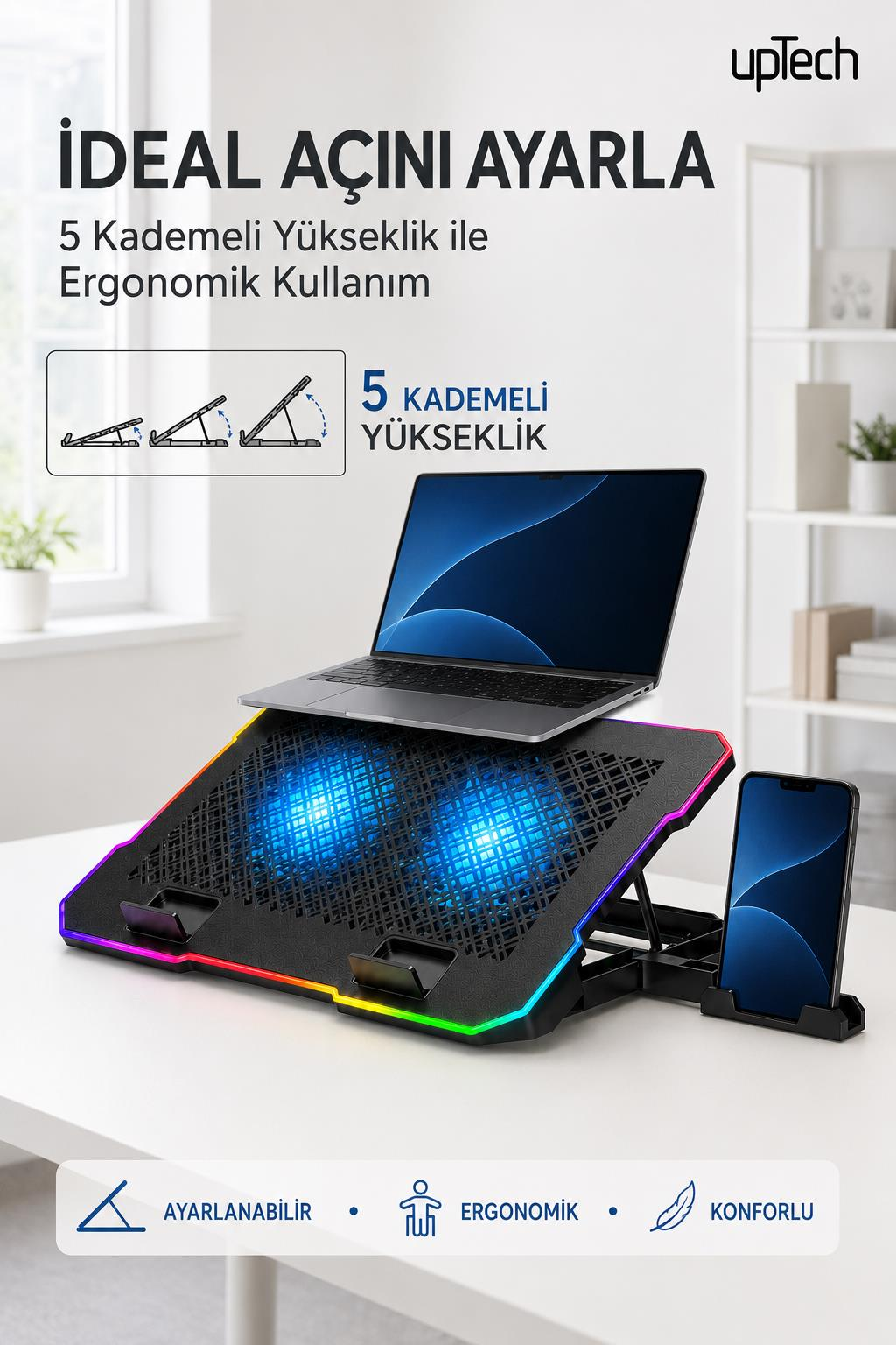 Beyaz bir masada RGB aydınlatmalı, ayarlanabilir siyah ve mavi soğutucu üzerinde duran bir dizüstü bilgisayar.