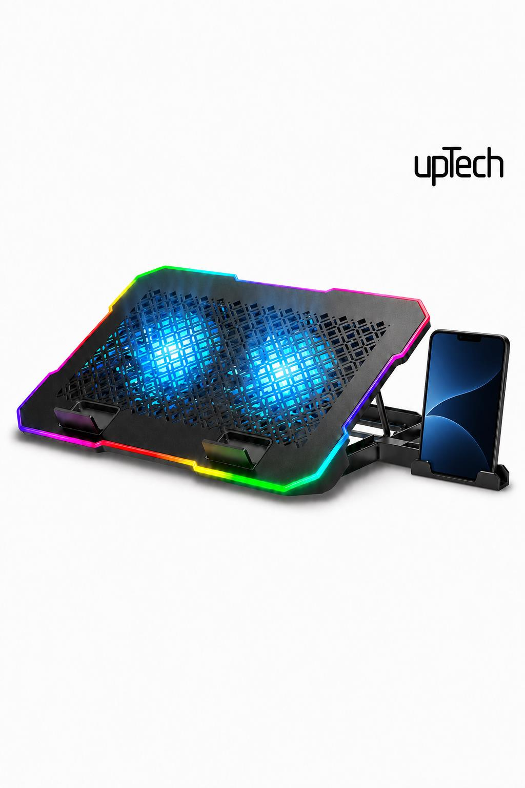 RGB aydınlatmalı, iki mavi fanlı ve akıllı telefon tutuculu siyah dizüstü bilgisayar soğutma standı.