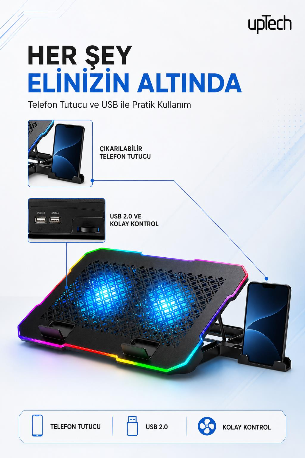 Çift fanlı, USB portlu ve çıkarılabilir telefon tutuculu RGB laptop soğutucu.