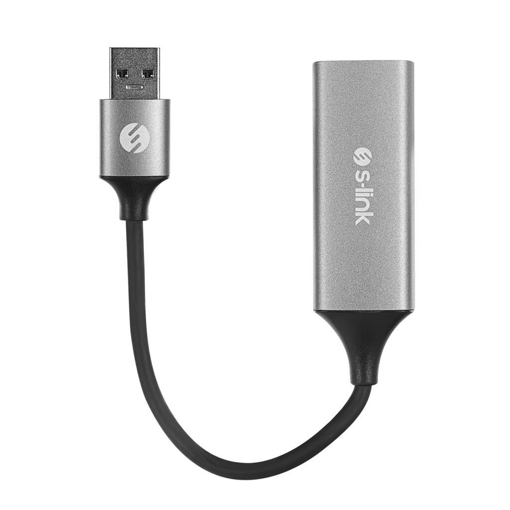 Beyaz arka planda siyah kablolu ve USB-A konnektörlü gümüş renkli s-link USB adaptörü.