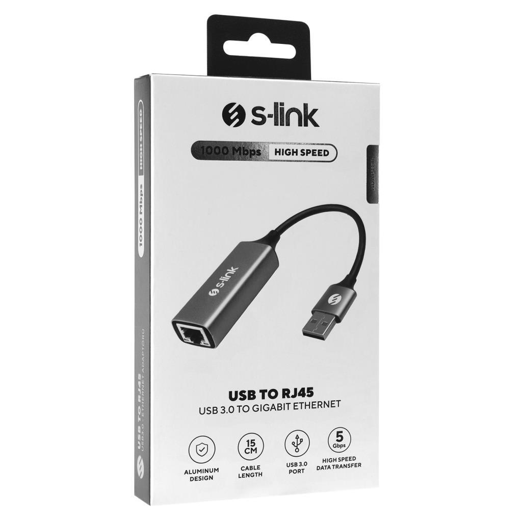 Gri adaptör görseli ve teknik simgeler içeren S-link USB 3.0 - Gigabit Ethernet adaptör ambalajı.
