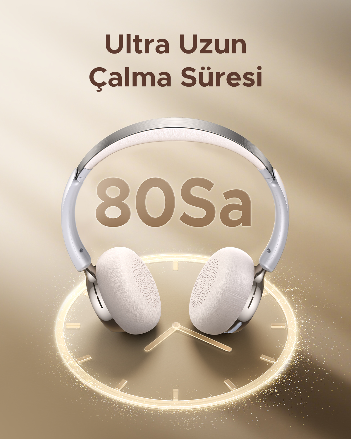 Cuffie bianche sopra un orologio luminoso con testo e il numero 80Sa.