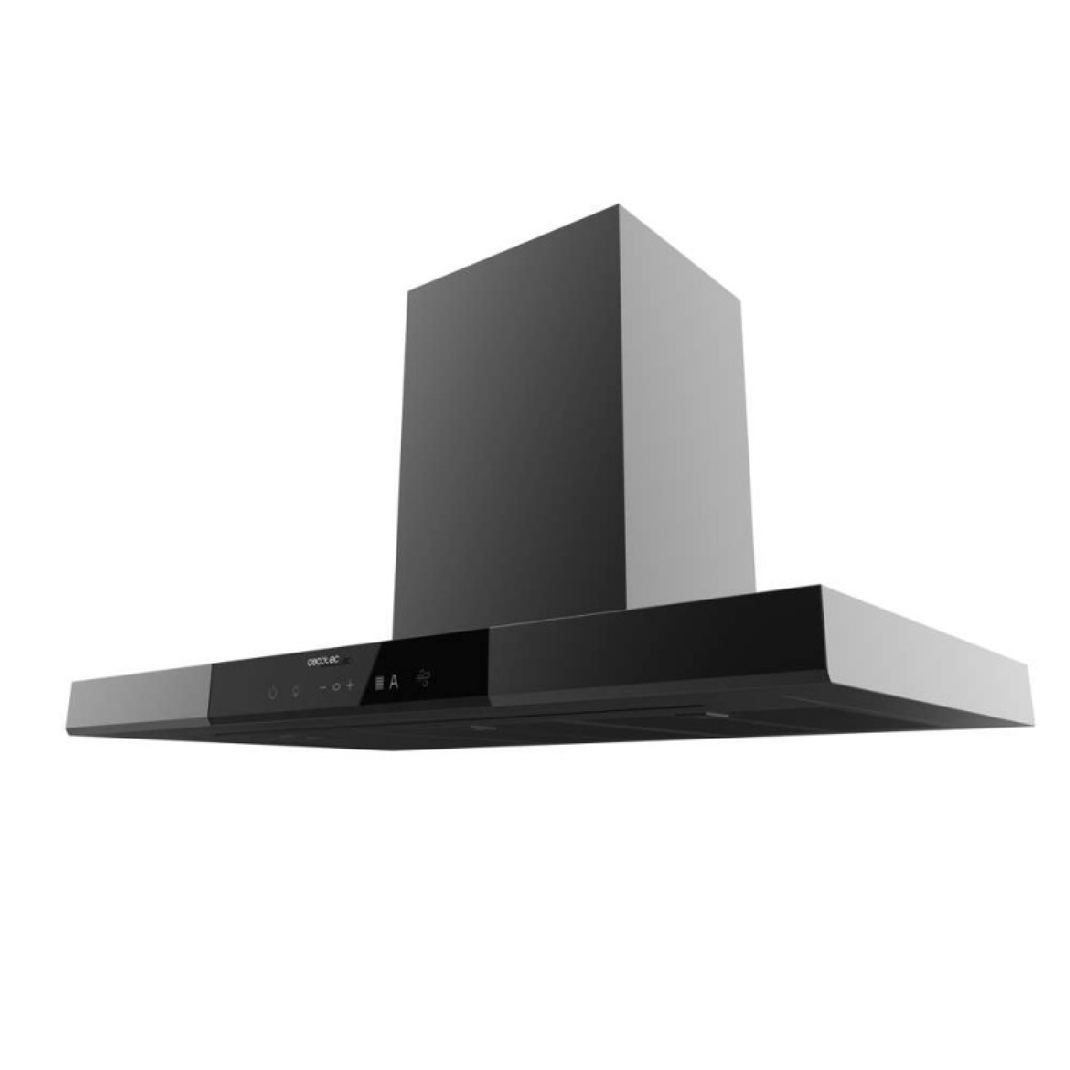 Moderna campana extractora de cocina negra con panel táctil sobre fondo blanco.