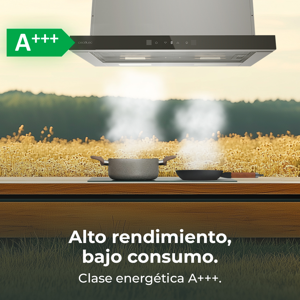 Campana extractora sobre una cocina con ollas humeantes en un entorno natural.