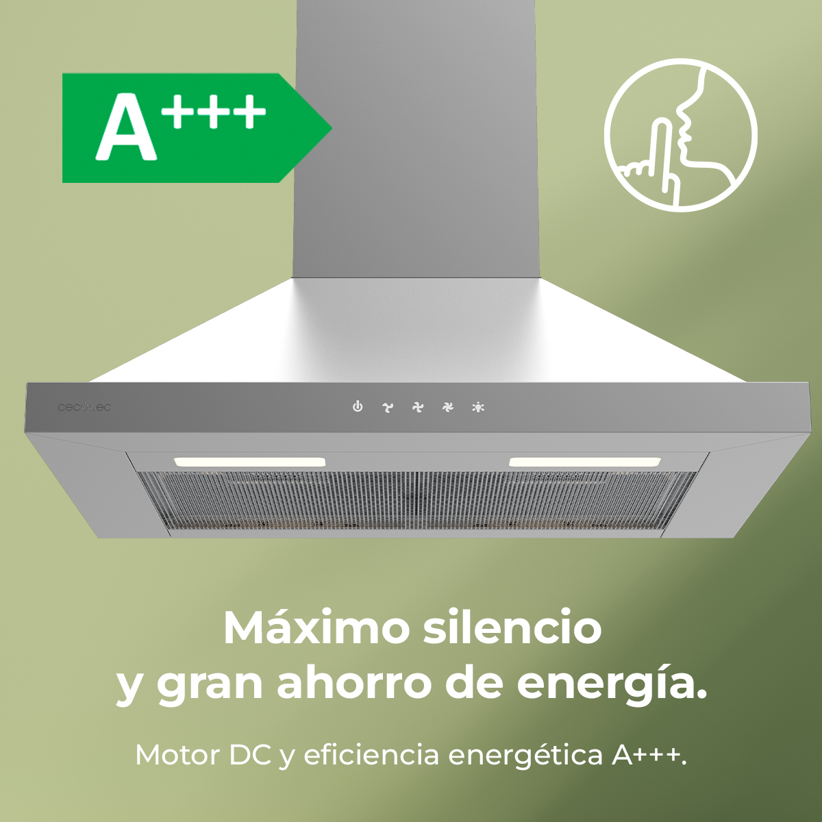 Campana extractora plateada con A+++, icono de motor silencioso y texto promocional en fondo verde.
