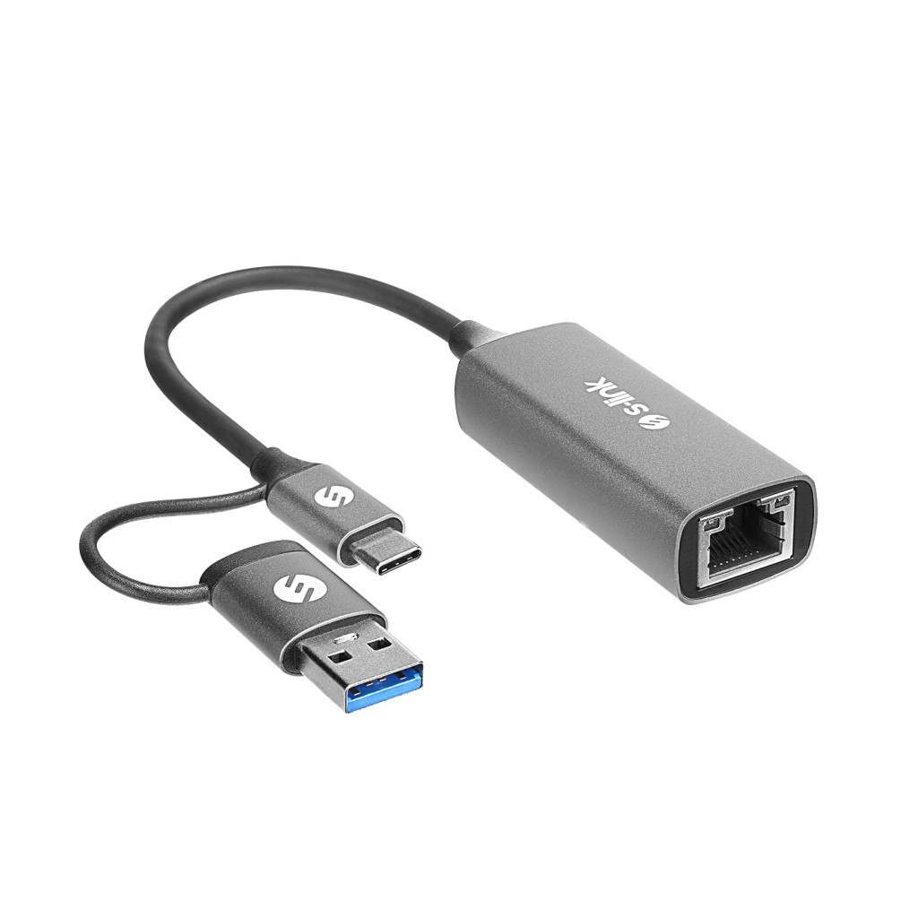 Beyaz arka planda USB-C ve USB-A bağlantılarına sahip gri S-link ethernet adaptörü.