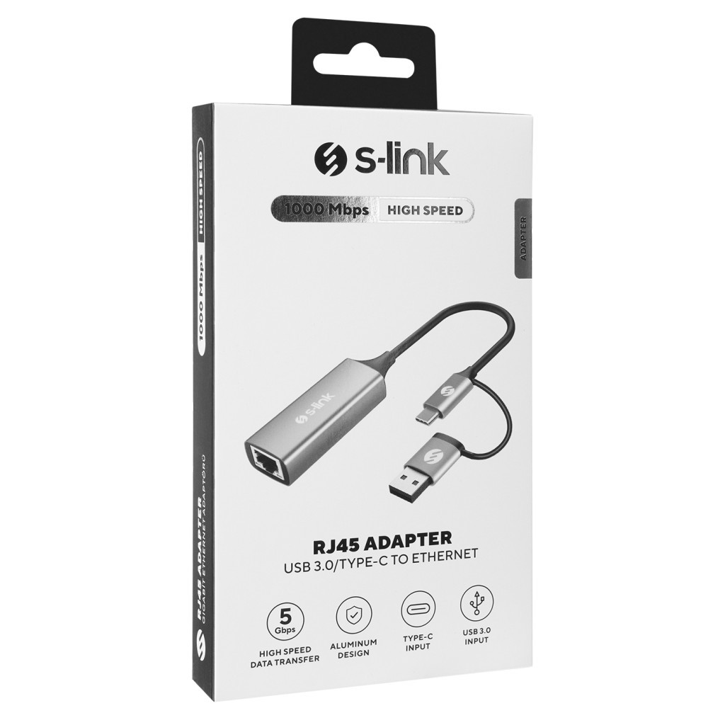 USB 3.0 ve Type-C'den Ethernet'e dönüştürücülü S-link RJ45 adaptör kutusu.