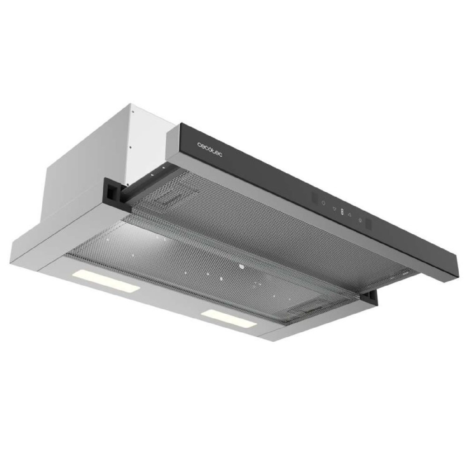 Moderna campana extractora gris con filtros de malla, luces LED y panel de control negro sobre fondo blanco.