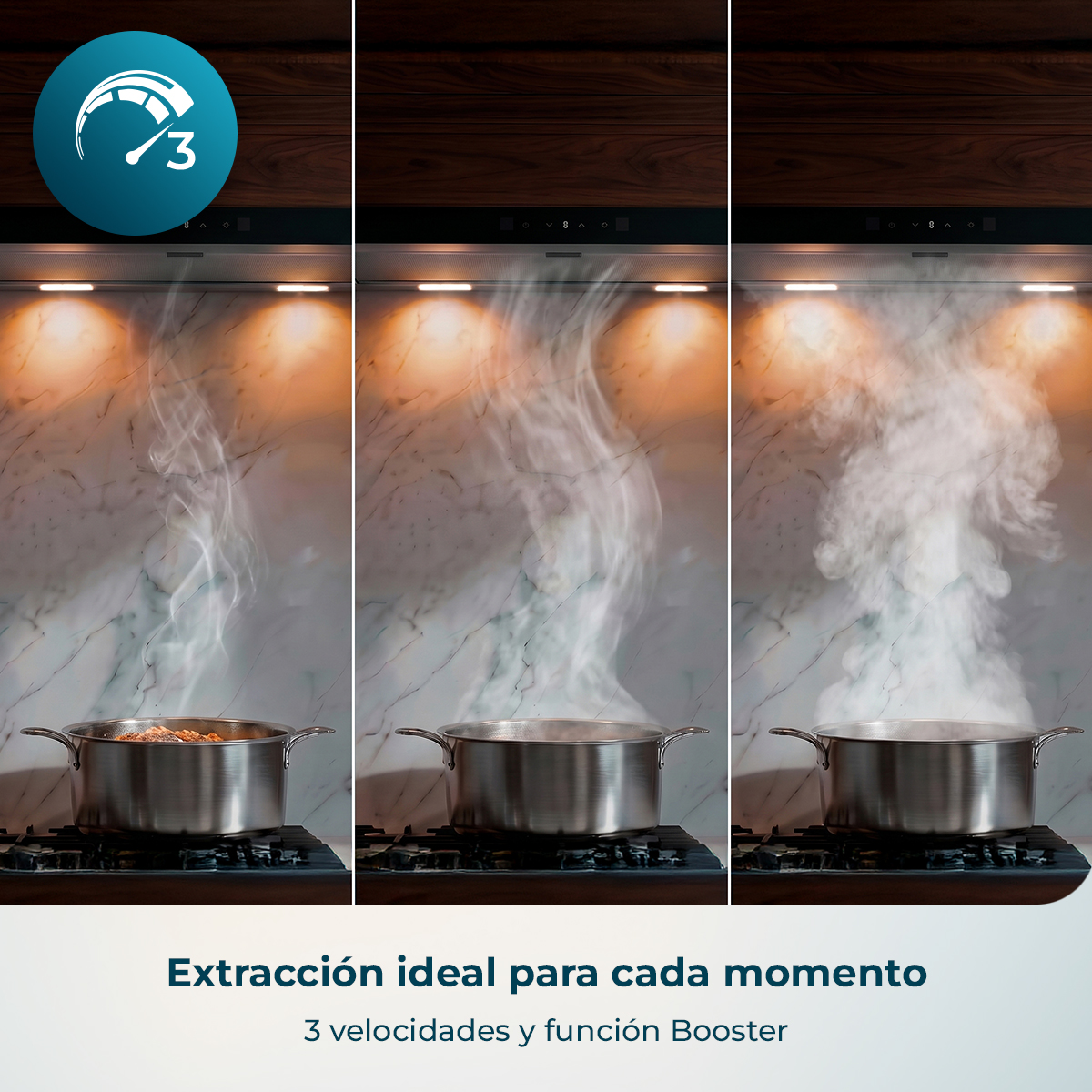 Tres paneles muestran una olla en la estufa con diferentes niveles de extracción de vapor.