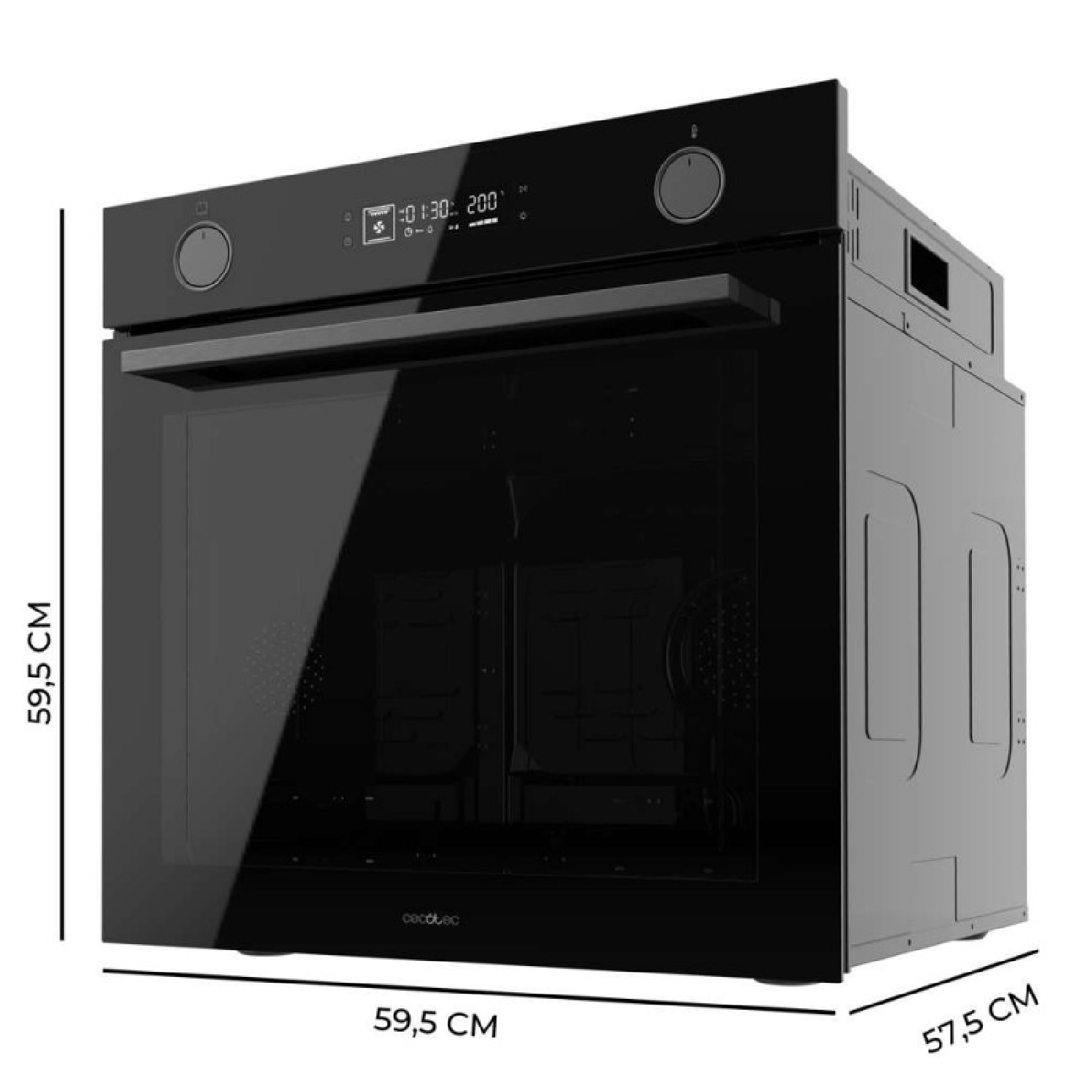 Moderno horno empotrado negro con pantalla digital, mandos y etiquetas de dimensiones en centímetros sobre fondo blanco.