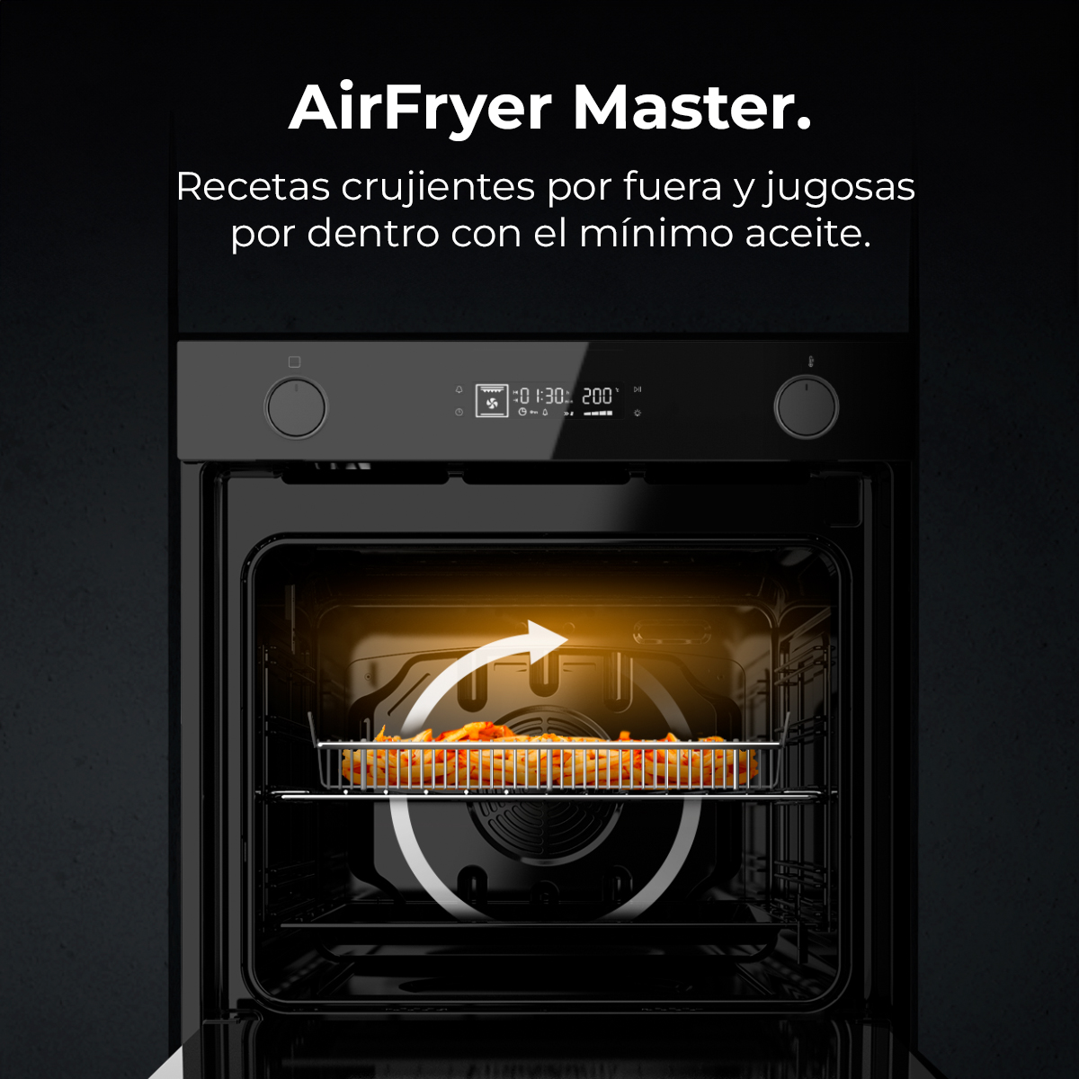 Un horno empotrado negro con interior iluminado muestra una cesta de patatas fritas.