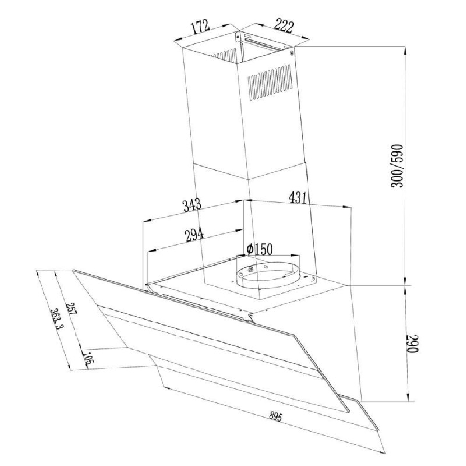 Dibujo técnico de una campana extractora de cocina moderna con dimensiones en milímetros.
