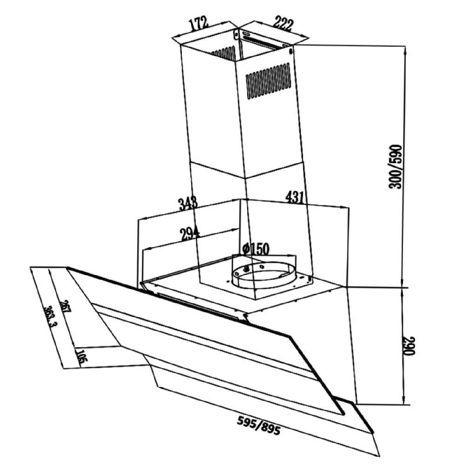 Dibujo técnico de una campana extractora con medidas que indican ancho, alto y fondo en milímetros.