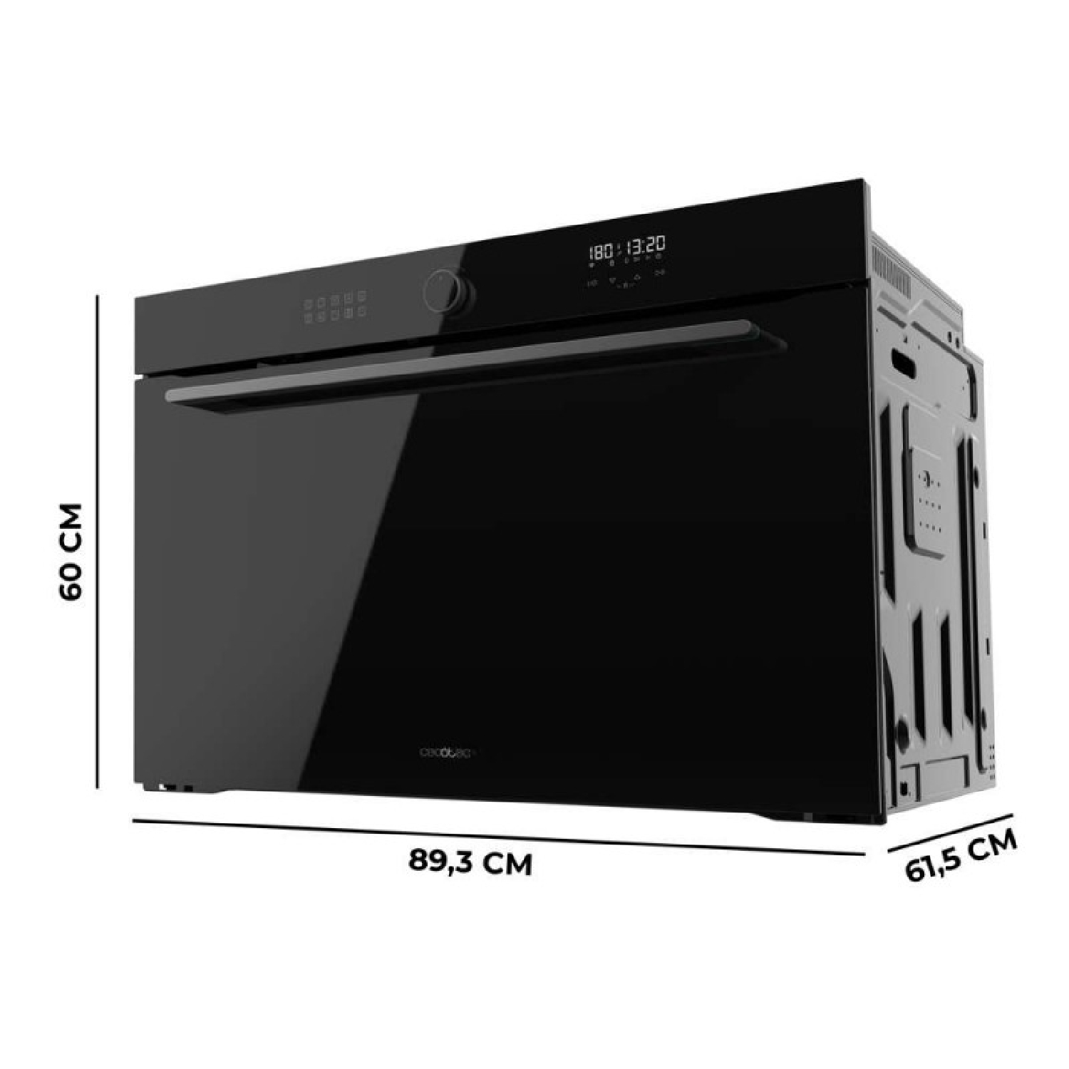 Horno negro con pantallas digitales y dimensiones de 60 cm de alto, 89,3 cm de ancho y 61,5 cm de profundidad.