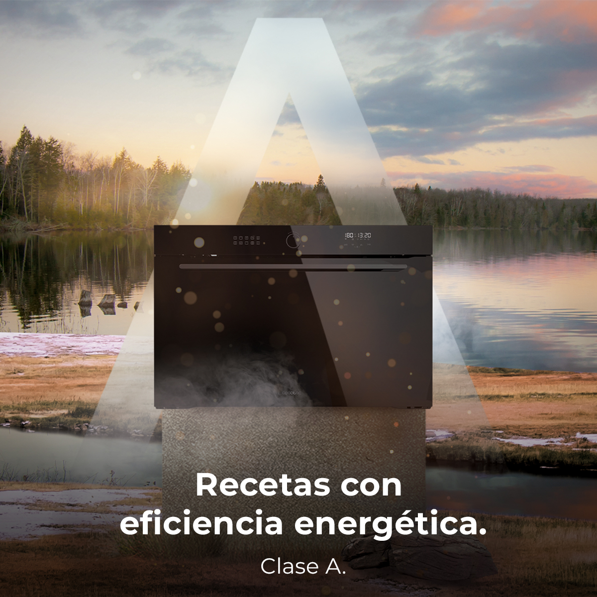 Un horno negro se encuentra ante un paisaje fluvial tranquilo al atardecer con texto.