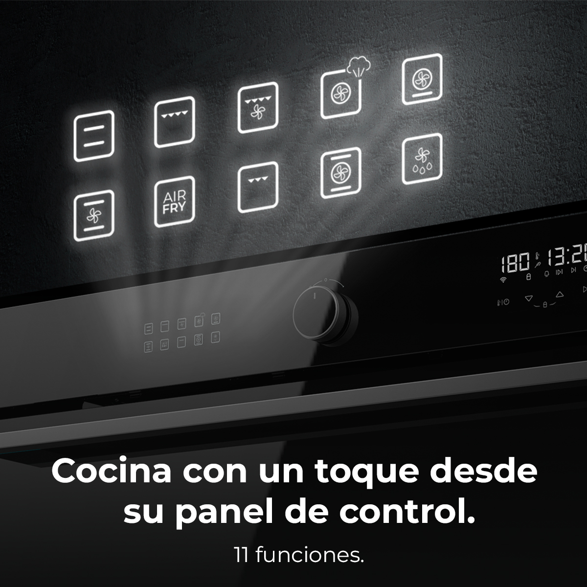 Panel de control del horno con diez iconos iluminados para diferentes funciones de cocción.