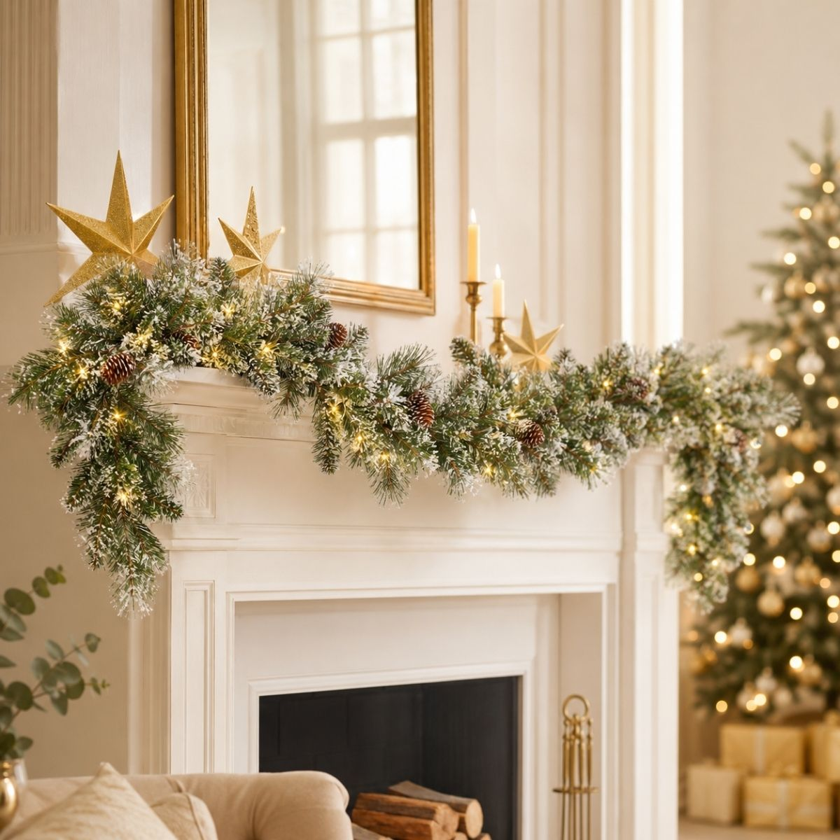 Ein weißer Kamin dekoriert mit Tannengirlande, Lichtern, Zapfen und goldenen Sternen, mit Weihnachtsbaum im Hintergrund.