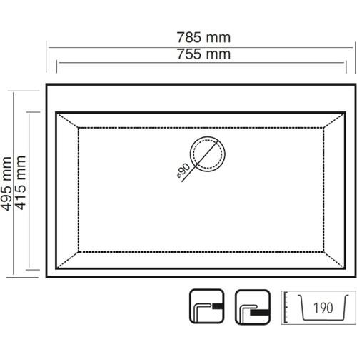 785x495 mm boyutlarında, 90 mm giderli ve 190 mm derinliğinde dikdörtgen eviyenin teknik çizimi.