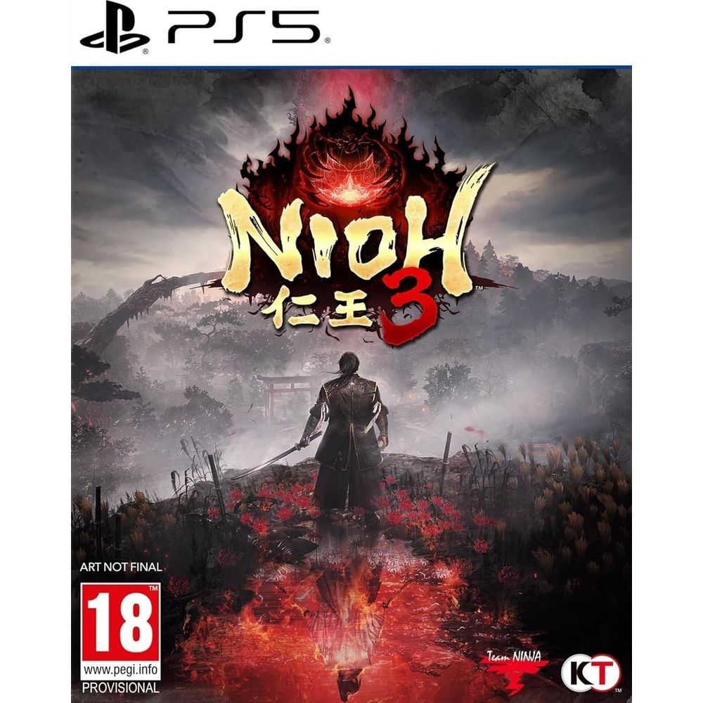 Okładka gry na PS5 przedstawiająca samuraja na mrocznym, mglistym tle z dużym czerwonym logo ognia.