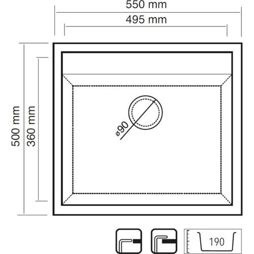 Ölçüleri belirtilen kare eviyenin teknik çizimi: genişlik 550 mm, yükseklik 500 mm ve derinlik 190 mm.